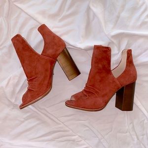 42 Gold Suede Peep Toe Chelsea Bootie